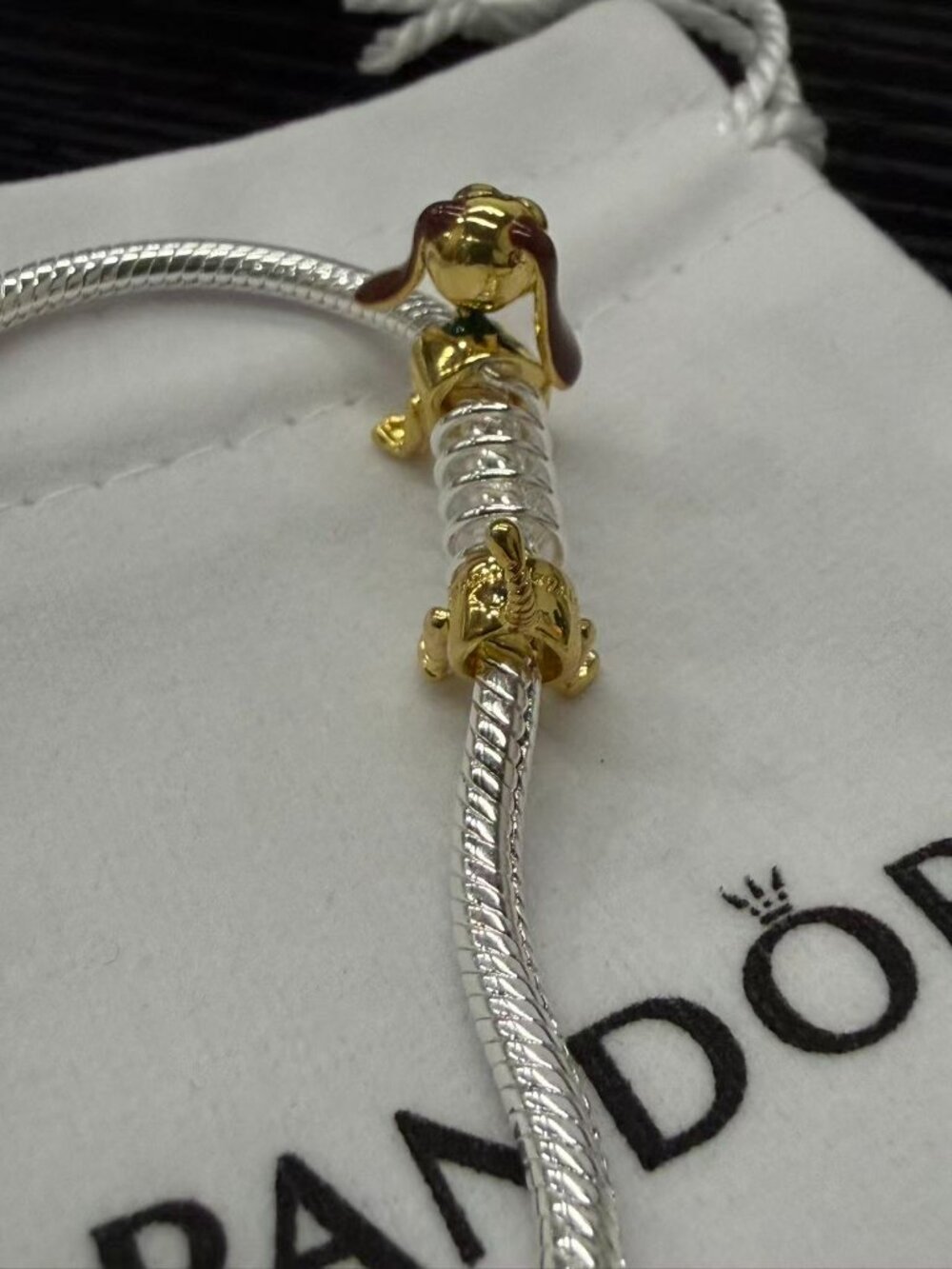 Pandora Silver Snake Chain Bracelet with Gold Dachshund Charm - Picture 4 of 6